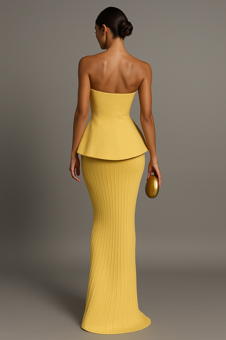 Flowing yellow strapless maxi dress for women. A beautiful formal gown for any elegant evening or special party.