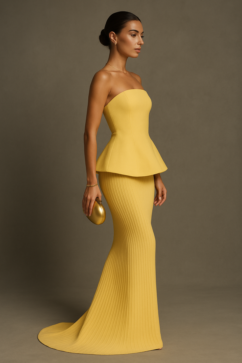 Stunning women's yellow strapless maxi dress. An elegant choice for formal evenings, galas, and special occasions.