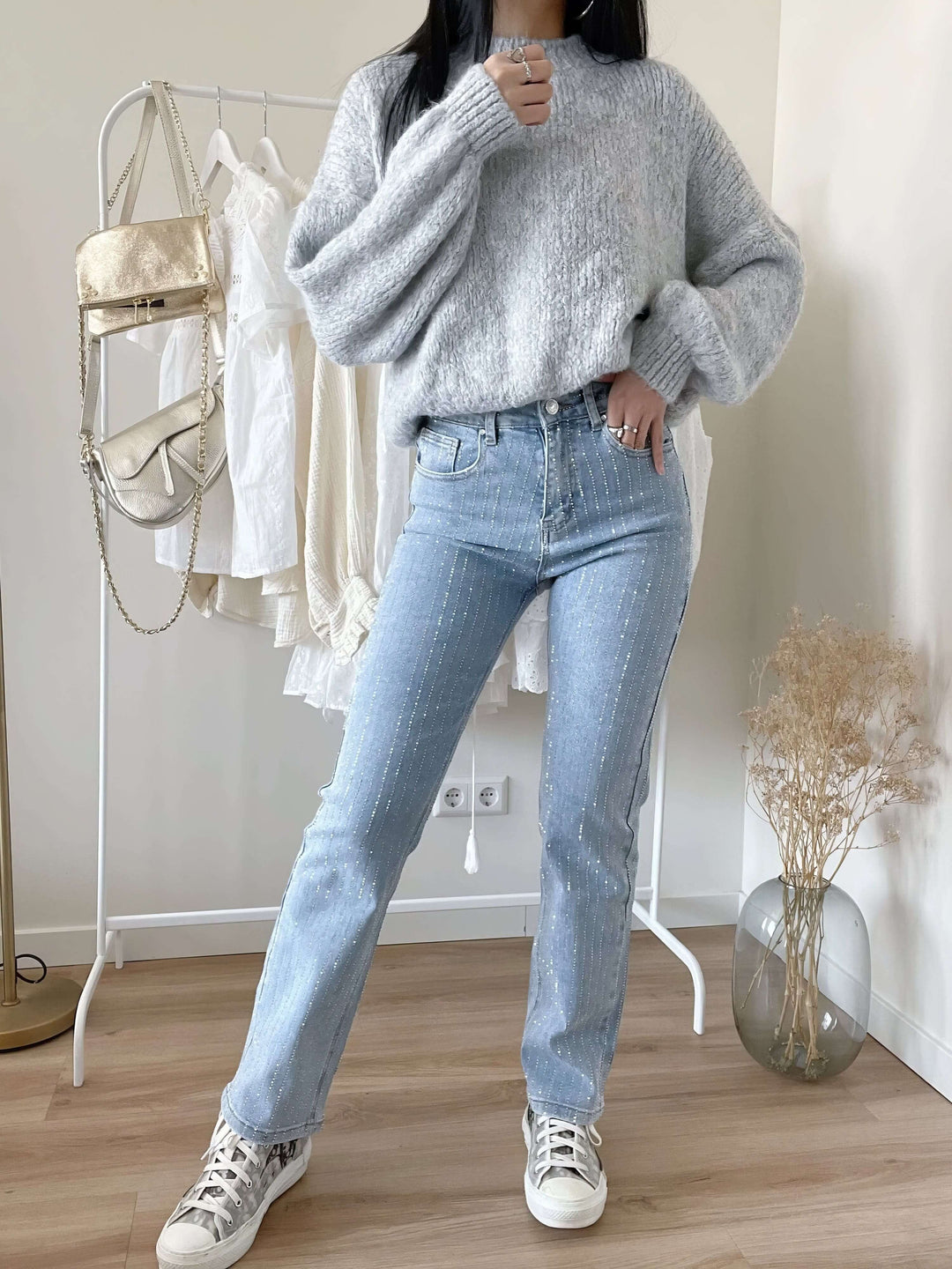 Women's embellished straight leg jeans, modern casual denim for stylish everyday wear.