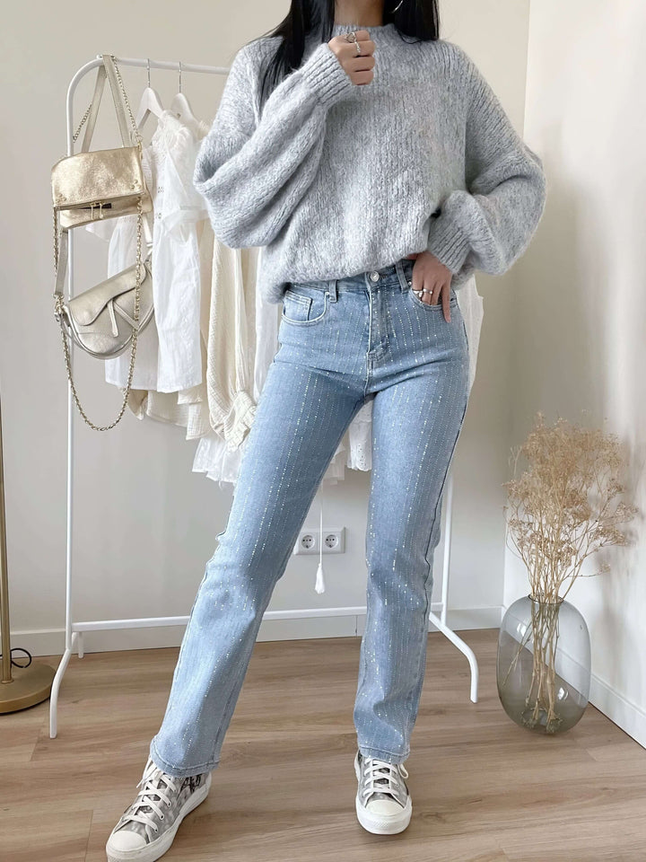 Women's embellished straight leg jeans, modern casual denim for stylish everyday wear.