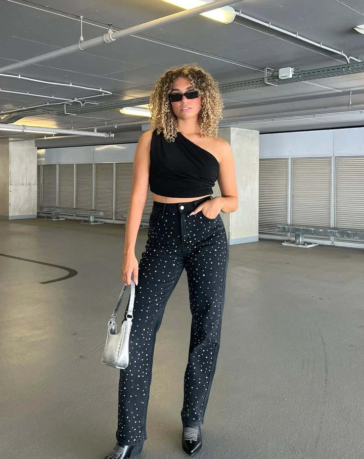 Women's embellished straight leg jeans, perfect stylish and casual denim pants for everyday.