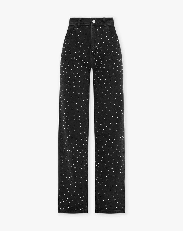 Modern style women's embellished straight leg jeans, a chic denim bottom for any occasion.