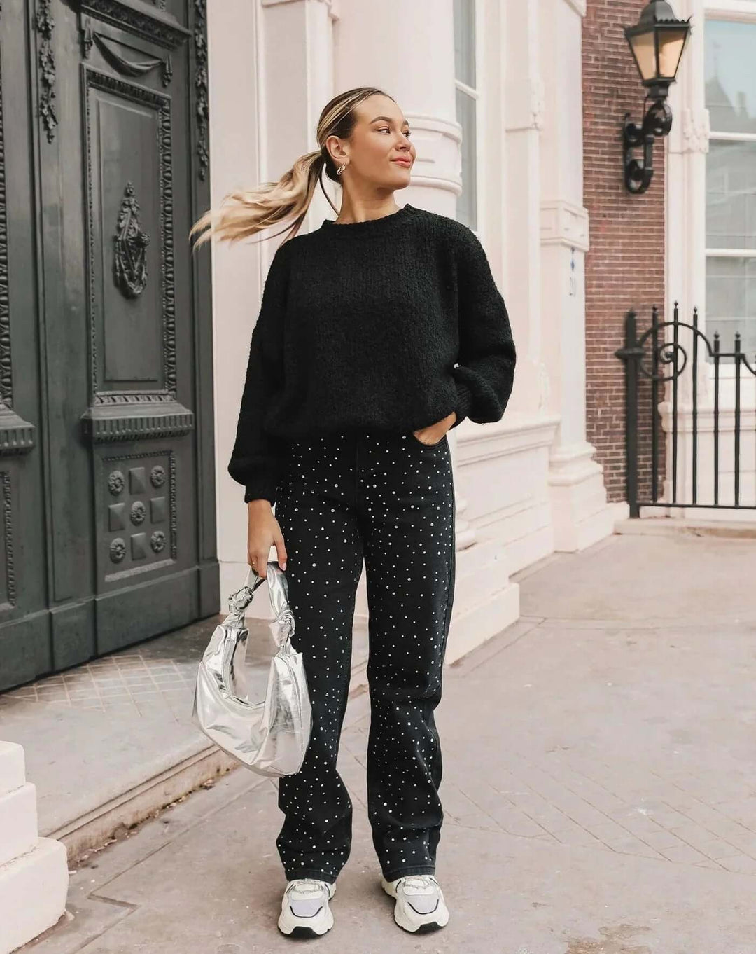 Versatile women's embellished straight leg jeans, stylish denim pants suitable for modern casual outfits.