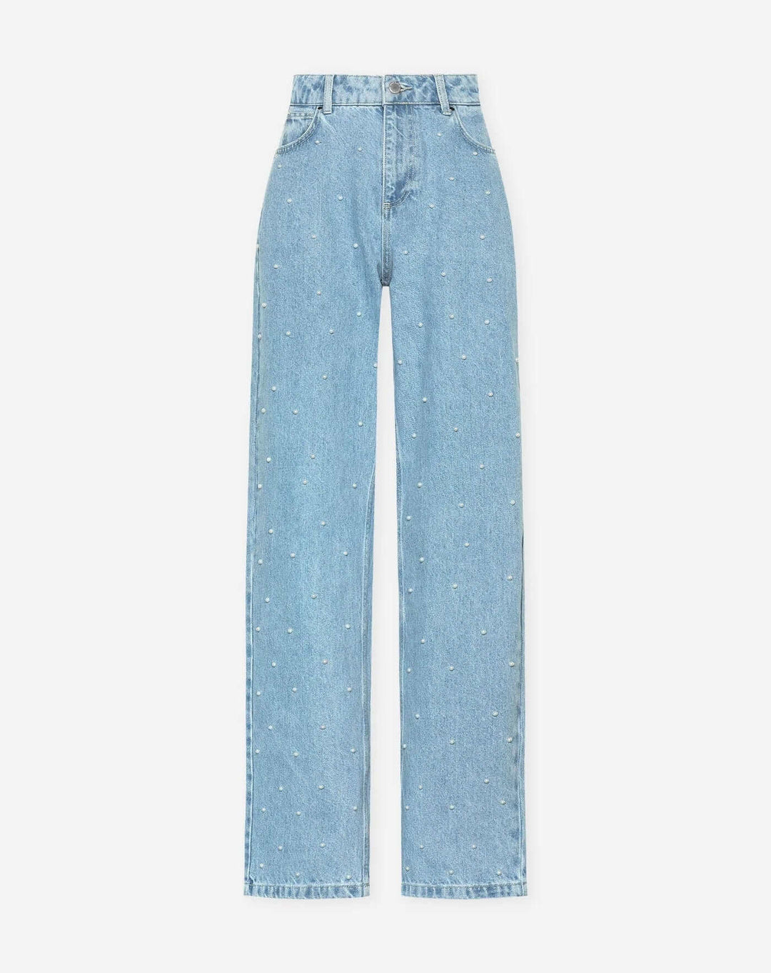 Regular waist women's straight leg jeans with trendy embellishments, comfortable modern fit.