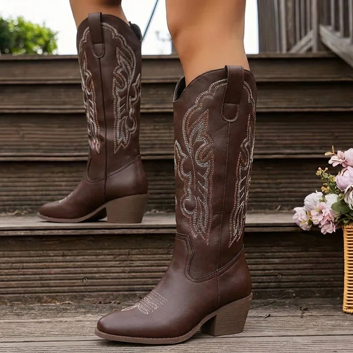 Women's embroidered cowgirl boots with block heel, perfect for western style fashion.