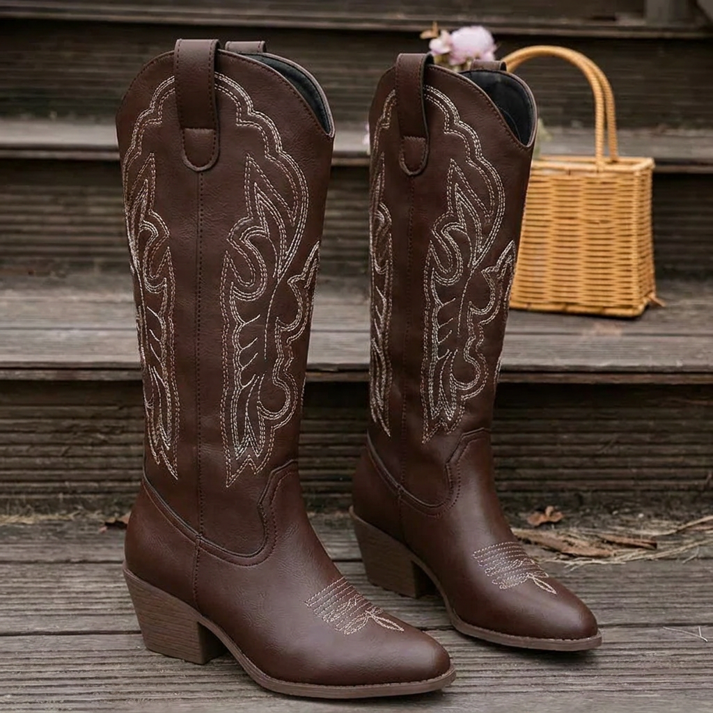 Statement women's western style cowgirl boots. Detailed embroidery, pointed toe & comfortable block heel.