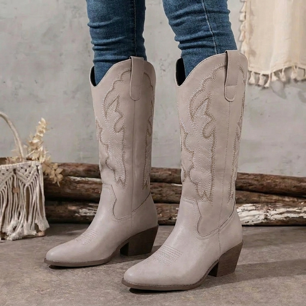 Women's western embroidered knee-high boots, featuring a comfortable block heel and sharp pointed toe.