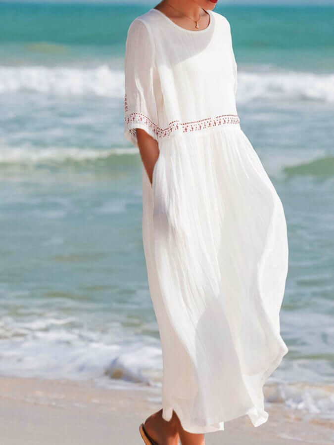 Women's embroidered loose cotton linen dress, perfect for summer casual wear.