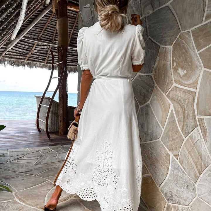 Light blue embroidered summer maxi dress, comfortable and stylish, perfect for casual elegance or resort wear.