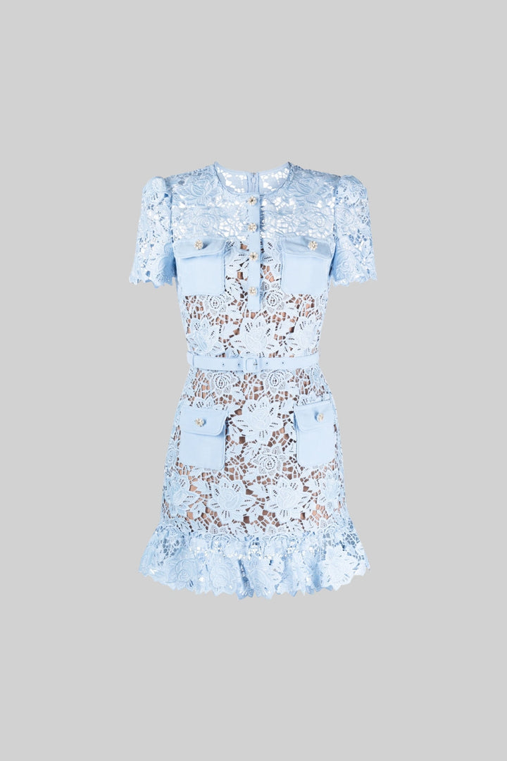 Women's floral embroidered mini dress, cinched at the waist with a stylish and flattering belt.