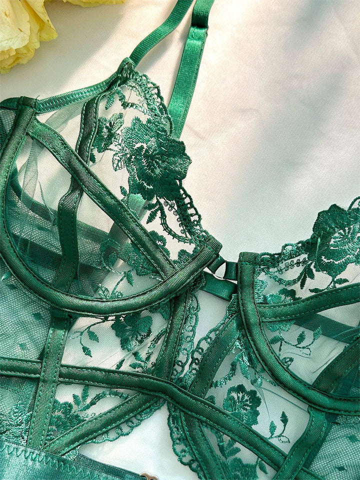 Elegant emerald lace bodysuit for women, featuring underwire support for a flattering silhouette and romantic appeal.