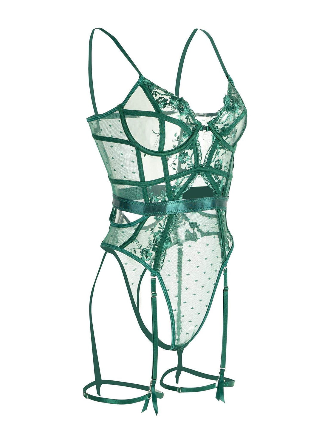 Delicate emerald green lace bodysuit with intricate floral patterns, underwire support, and sheer back detail for intimates.