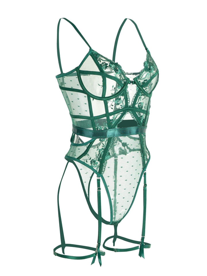 Delicate emerald green lace bodysuit with intricate floral patterns, underwire support, and sheer back detail for intimates.