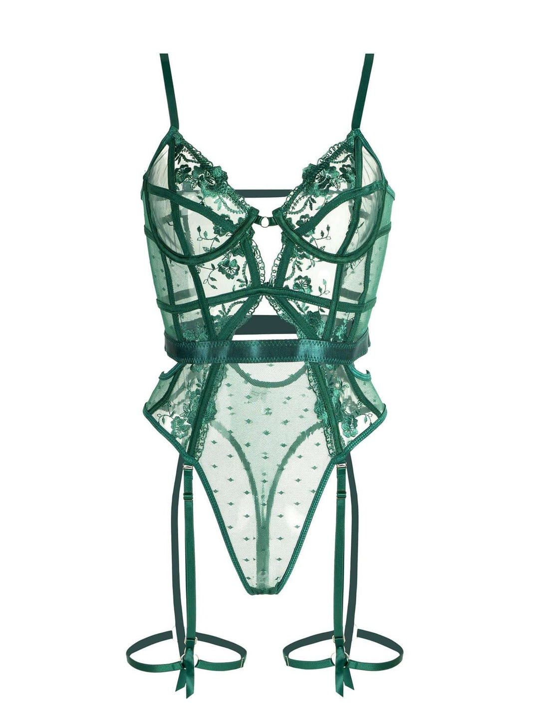 Sexy emerald green underwire lace bodysuit for women, offering comfortable support and elegant style as nightwear.