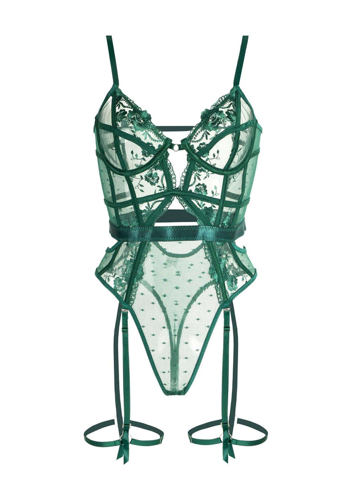 Sexy emerald green underwire lace bodysuit for women, offering comfortable support and elegant style as nightwear.