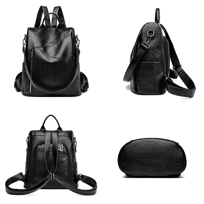 Close-up of a women's faux leather backpack, highlighting texture and minimalist design.