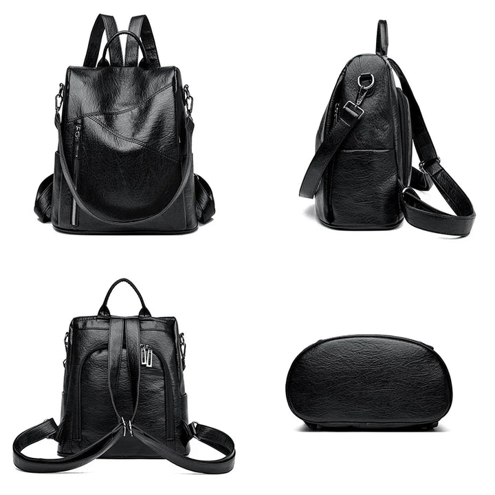 Close-up of a women's faux leather backpack, highlighting texture and minimalist design.