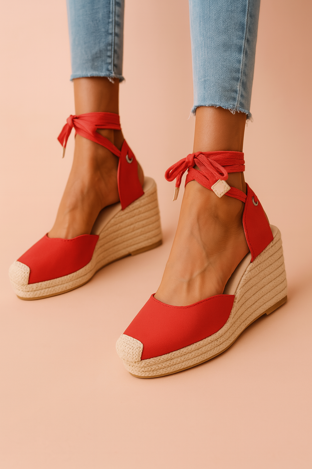 Stylish women's wedge sandals with elegant ankle ties, offering comfortable fashion footwear for summer and warm weather.