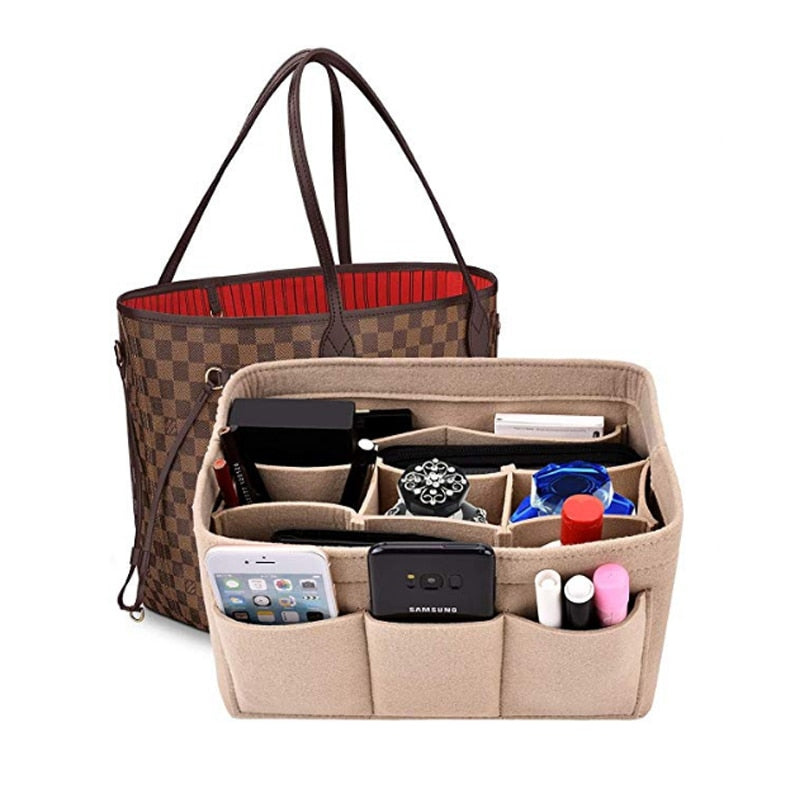 Women's felt handbag organizer insert with multiple pockets for efficient purse storage.