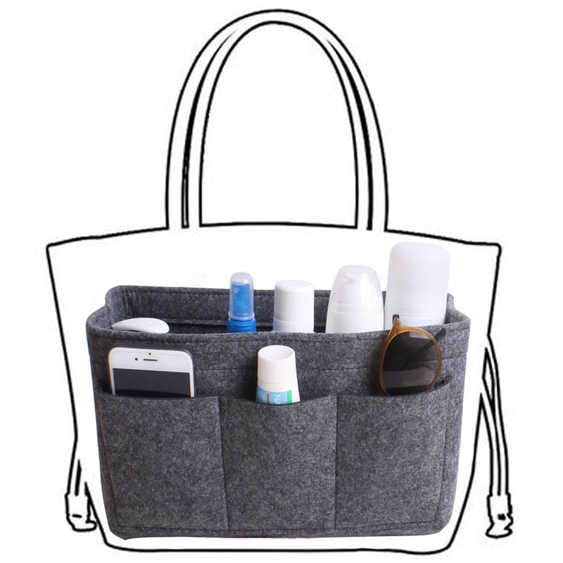 Travel-friendly felt cosmetic bag and purse organizer insert for women, ideal for daily essentials.