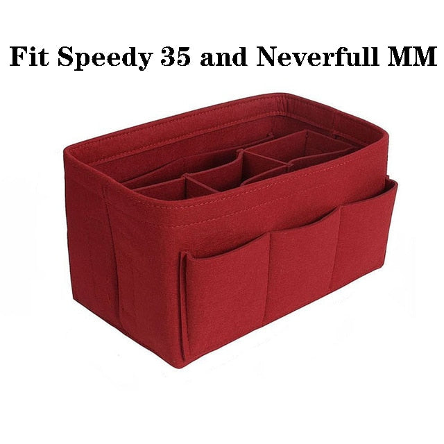Versatile felt bag storage insert with multiple pockets, perfect for women's handbags, totes, and travel.