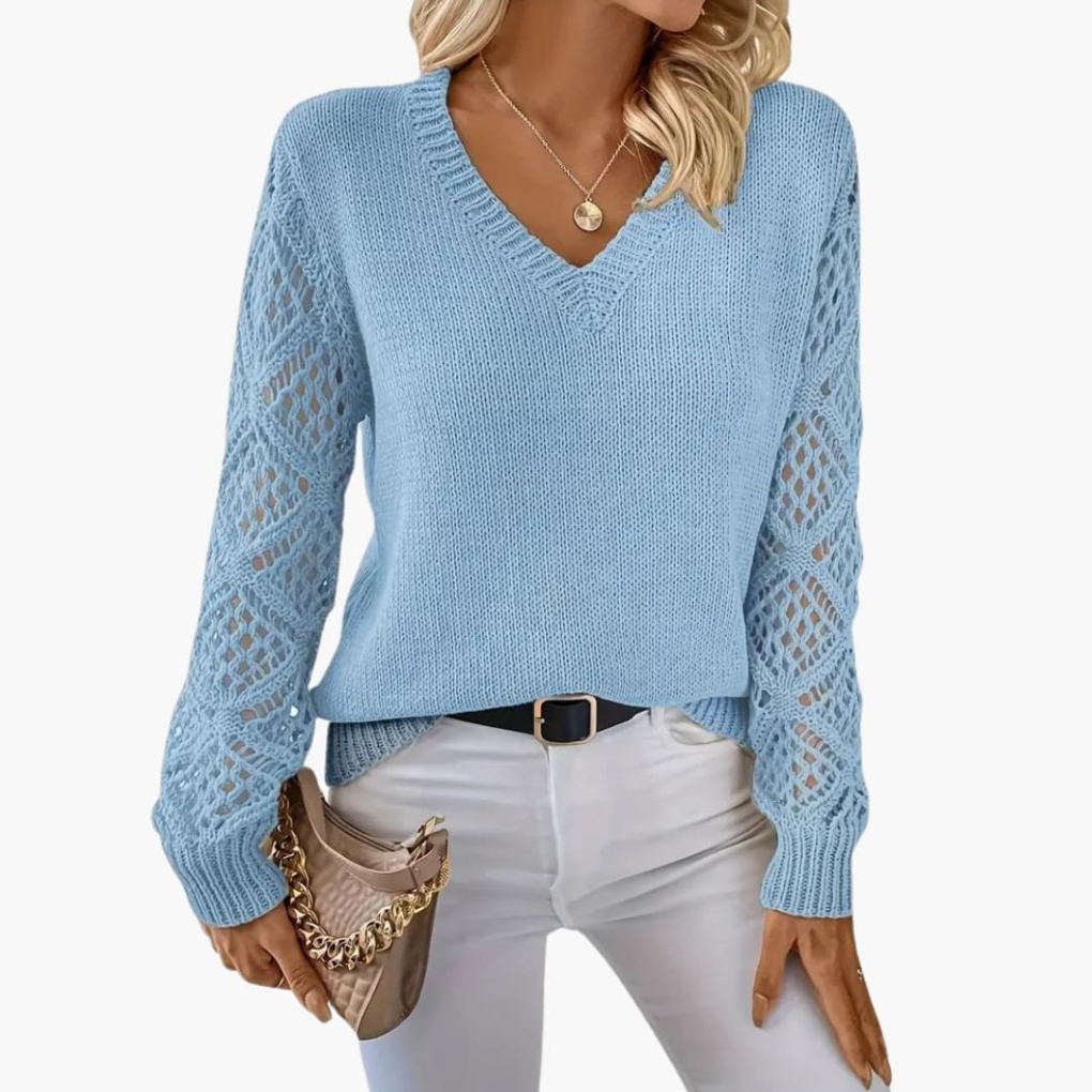Everyday women's fine knit V-neck sweater. Long sleeves, comfortable and perfect for layering.
