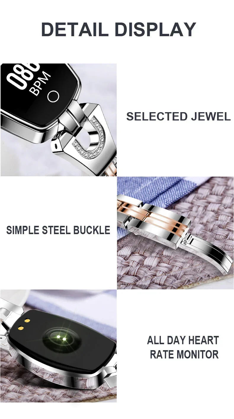 Elegant gold FitStyle women's waterproof fitness tracker, monitoring heart rate & daily activity.