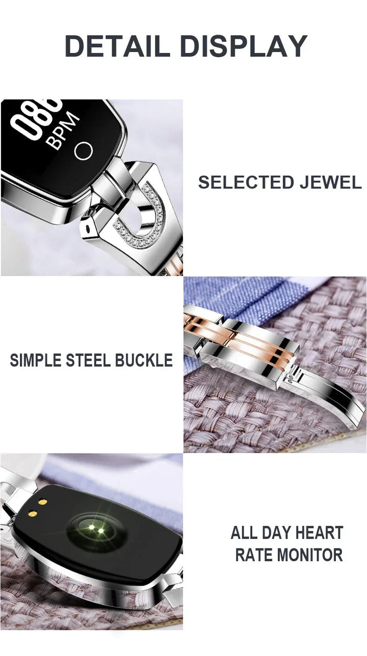 Elegant gold FitStyle women's waterproof fitness tracker, monitoring heart rate & daily activity.