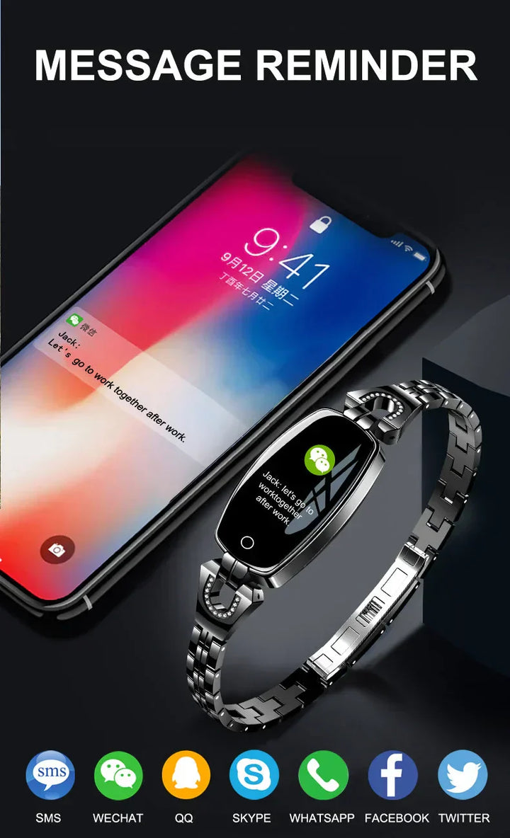 Close-up of FitStyle women's waterproof fitness tracker screen displaying heart rate data.