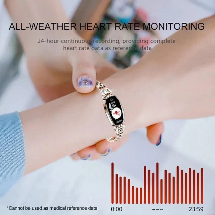 Woman running outdoors, wearing FitStyle waterproof smart band, monitoring exercise and fitness.