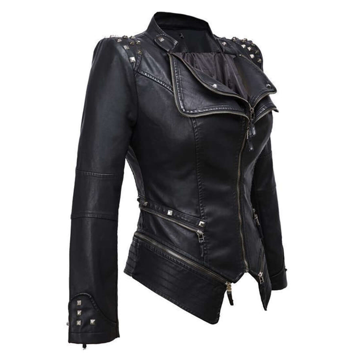 Fitted women's studded leather jacket, a chic black biker style outerwear for punk fashion.