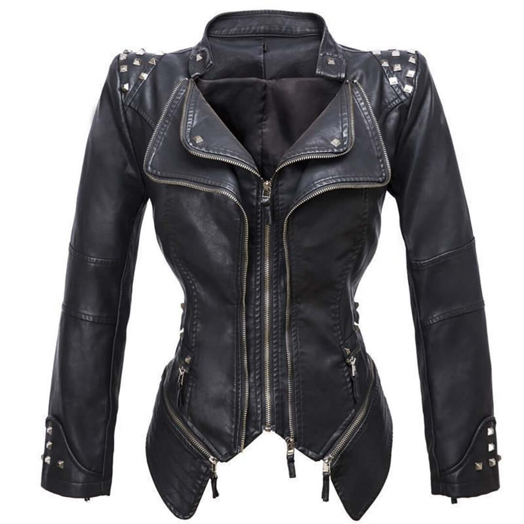 Stylish black leather jacket for women, featuring a fitted cut and edgy silver stud accents.