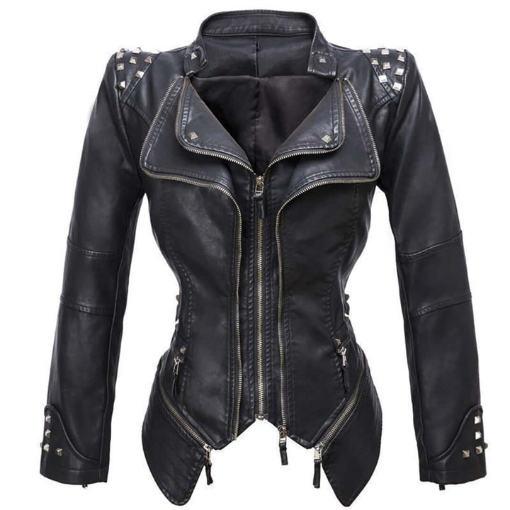 Stylish black leather jacket for women, featuring a fitted cut and edgy silver stud accents.
