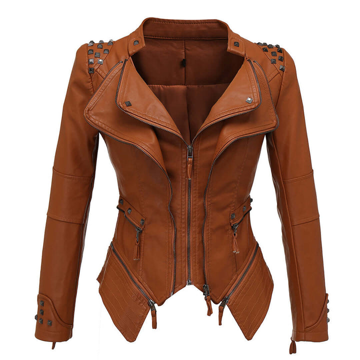 Rebel style women's fitted black leather jacket with studs, perfect for a bold fashion statement.