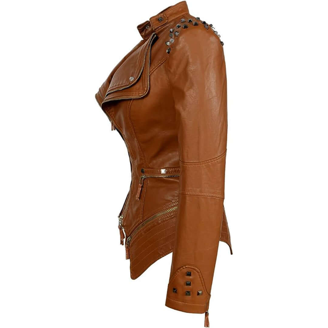 Women's studded leather biker jacket in black, a fitted outerwear piece for contemporary fashion.