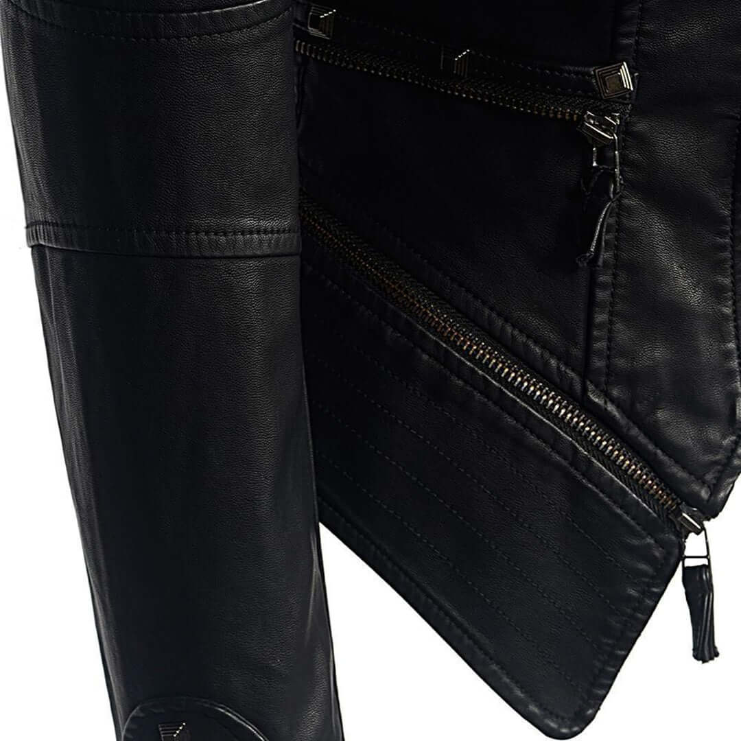Black fitted studded leather jacket for women, showcasing a classic biker and rebel aesthetic.