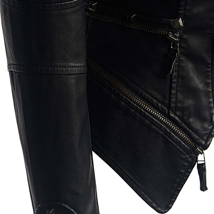 Black fitted studded leather jacket for women, showcasing a classic biker and rebel aesthetic.