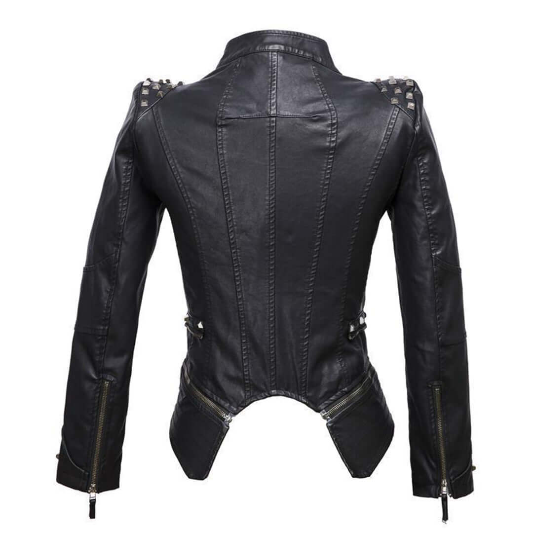 Close-up of a women's fitted black leather jacket adorned with intricate silver studs.