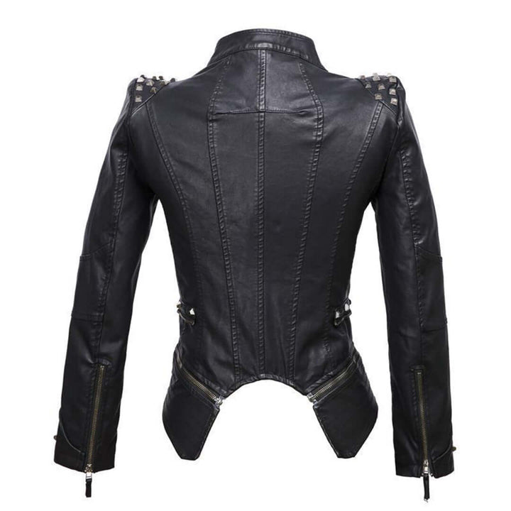 Close-up of a women's fitted black leather jacket adorned with intricate silver studs.