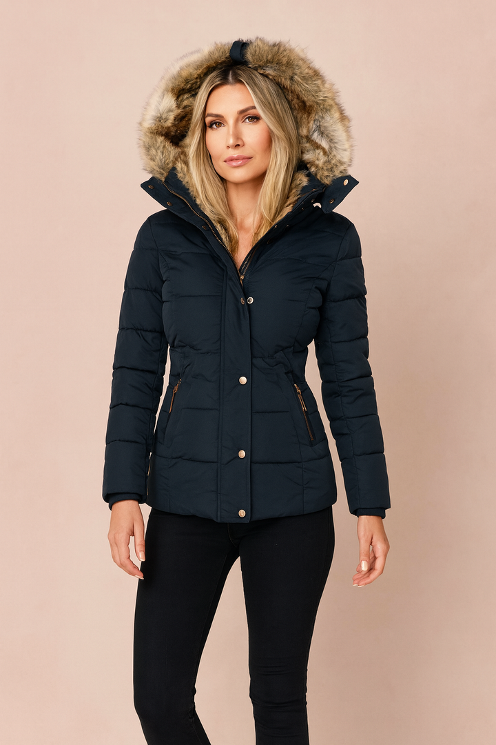 Close-up of a women's quilted puffer jacket, showing insulated fabric for cozy, elegant winter warmth.