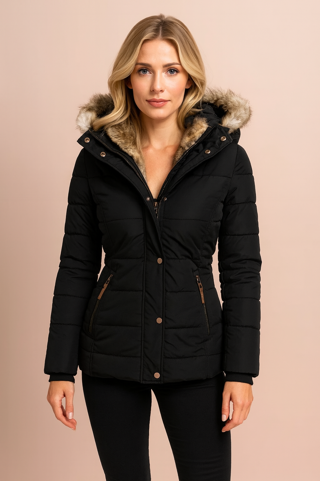 Stylish woman wearing a fitted hooded puffer jacket, perfect for everyday wear and outdoor activities.