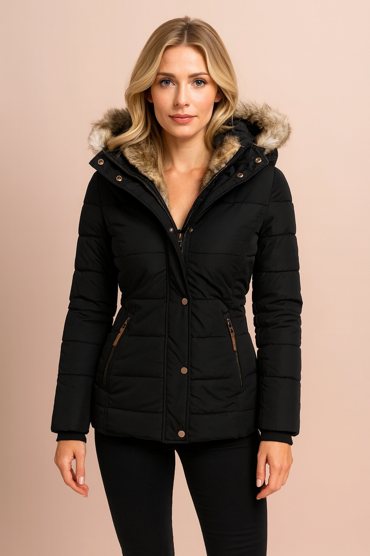 Stylish woman wearing a fitted hooded puffer jacket, perfect for everyday wear and outdoor activities.