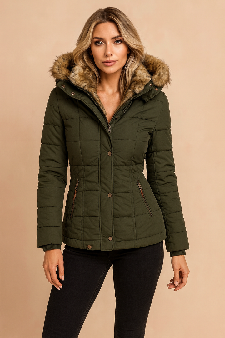 Elegant women's fitted puffer jacket with a cozy hood, designed for ultimate warmth and a flattering silhouette.