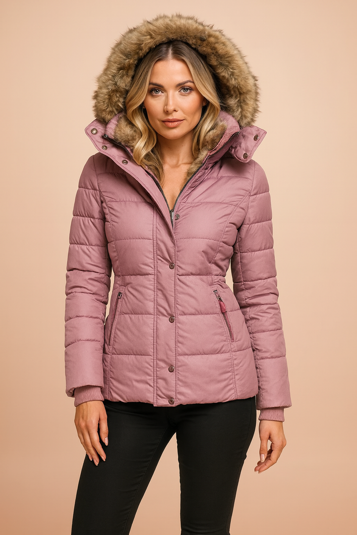 Black women's insulated puffer jacket, featuring a warm hood and fitted design for stylish cold weather outerwear.