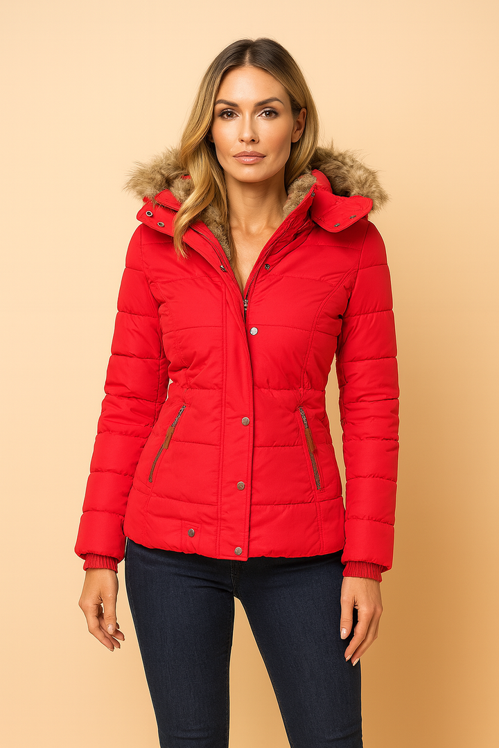 Warm & stylish women's fitted hooded puffer jacket, ideal for cold weather, combining elegance with winter protection.