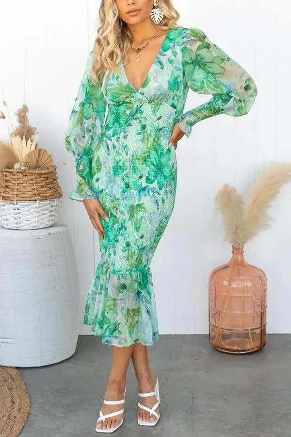 Women's fitted midi dress with puff sleeves, V-neck, and ruffled hem, perfect for elegant spring occasions.