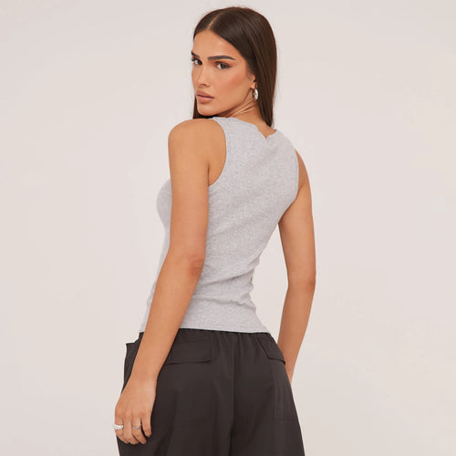 Black women's fitted racerback tank top, a sleek everyday essential for casual wear or layering.