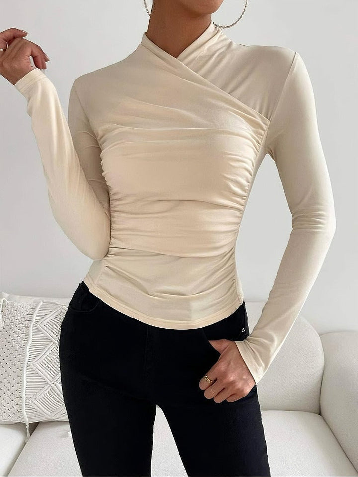 Elegant women's fitted wrap neck long sleeve top, ideal for a chic office look or versatile casual outfit.