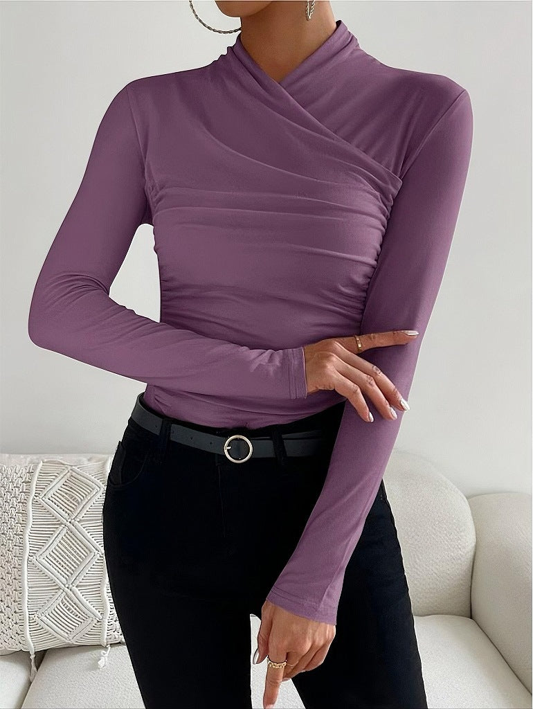 Stylish women's fitted long sleeve shirt with a flattering wrap neck design for a sleek, modern look.