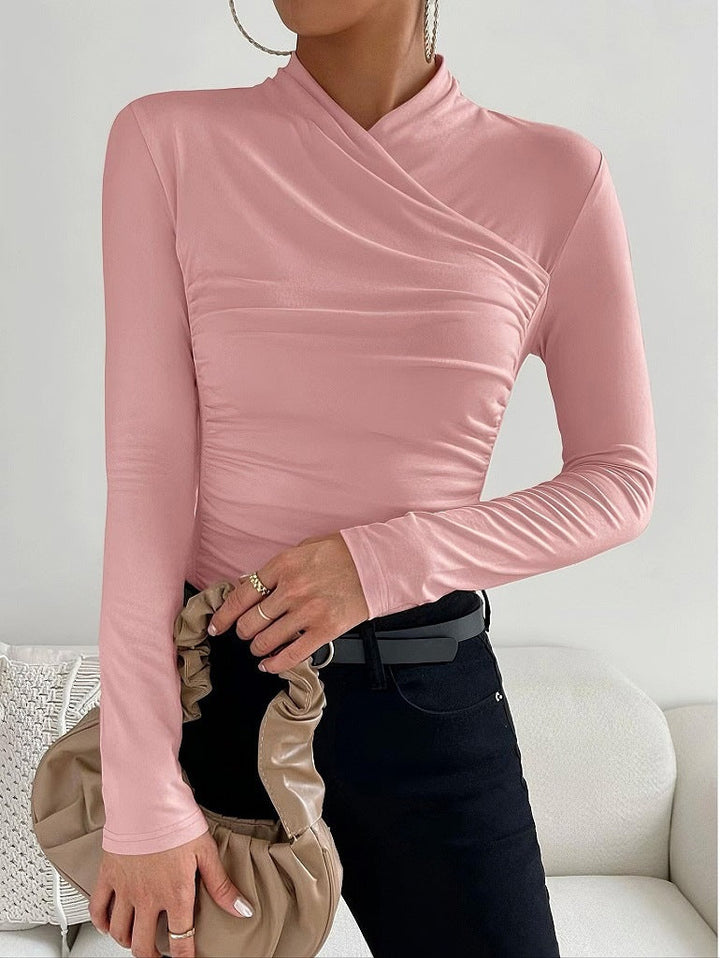 Versatile women's long sleeve fitted top with elegant wrap neck. Essential for modern casual or office fashion.